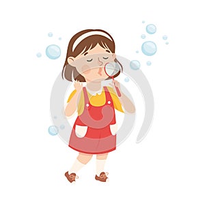 Smiling Girl Blowing Soap Bubbles Playing and Having Fun Vector Illustration