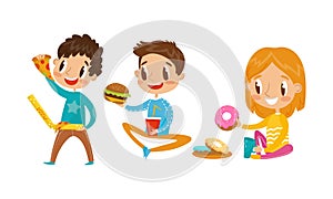 Smiling Girl and Boy Character Eating Pizza and Hamburger Vector Illustration Set