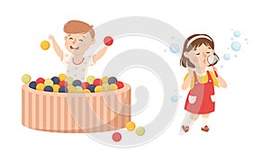 Smiling Girl and Boy in Pool with Colorful Balls and Blowing Bubbles Playing and Having Fun Vector Set