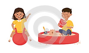 Smiling Girl and Boy in Sandpit and Bouncing on Ball Playing and Having Fun Vector Set