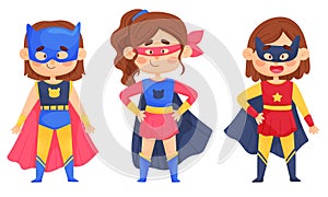 Smiling Girl Character in Superhero Costume and Cloak Standing Ready to Save the World Vector Illustrations Set