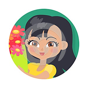 Smiling Girl with Colourful Flowers. Black Hair