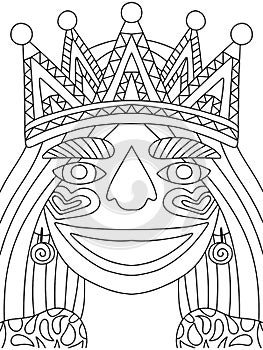 Smiling girl in crown symmetry coloring page for kids and adults vector