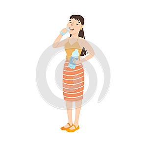 Smiling Girl Drinking Clean Water from Glass, Woman Quenching Thirst at Hot Summer Weather, Healthy Lifestyle Concept