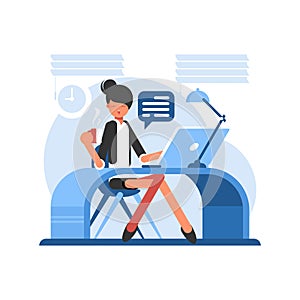 Smiling girl drinking coffee and working with laptop in bureau flat style concept - What you can use for logo designs simple