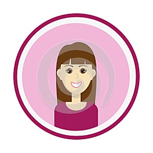 Smiling girl face with tresses brown long hair and forelock and brown eyes. Isolated vector illustration.
