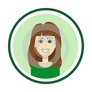 Smiling girl face with tresses brown long hair and forelock and green eyes. Isolated vector illustration.