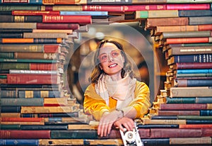 Smiling girl at a famous bookstore photo