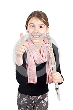 Smiling Girl With Flute on Her Shoulder Showing Thumb Up Isolated on White