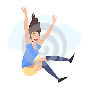 Smiling Girl Flying in the Sky, Happy Person Dreaming, Striving for Success Cartoon Style Vector Illustration