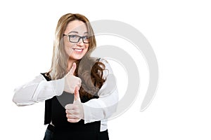 Smiling girl in glasses shows gesture excellent