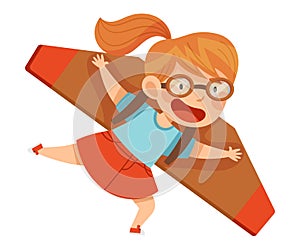 Smiling Girl in Goggles Flying and Piloting with Improvised Fake Aircraft Vector Illustration