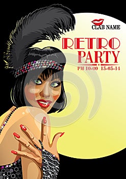 Smiling girl with hand.Retro party.Design Template