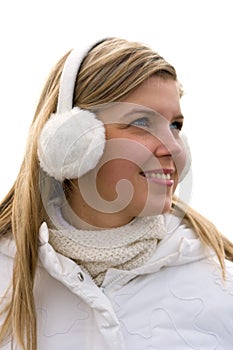 Smiling girl in headset ear muffs photo