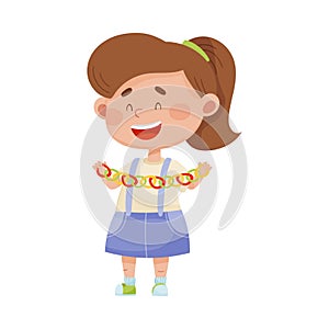 Smiling Girl Holding Made from Paper Garland Vector Illustration