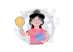 A smiling girl holds a piggy bank and a coin in her hands. Element for the design of presentations, applications and