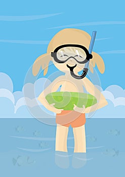 Smiling girl with inner tube and snorkel mask