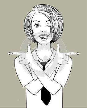 Smiling girl with a mischievous expression on her face in a tie, winks and points her fingers in different directions