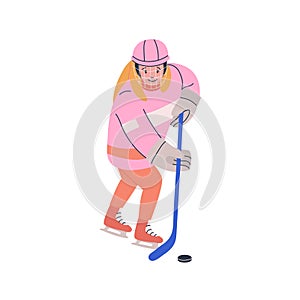 Smiling girl playing ice hockey game