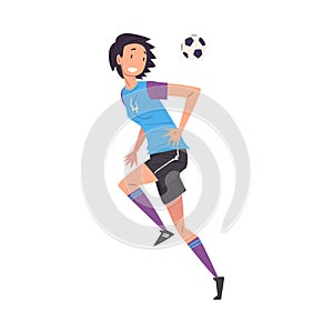Smiling Girl Playing Soccer, Young Woman Football Player Character in Sports Uniform Kicking the Ball Vector