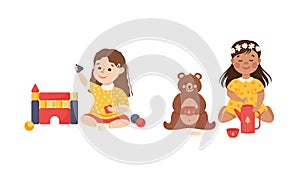 Smiling Girl Playing Toy Block and Drinking Tea with Teddy Bear Having Fun Vector Set