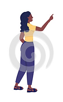 Smiling girl pointing with finger semi flat color vector character