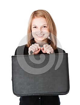 Smiling girl with portfolio