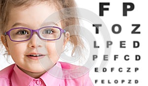 Smiling girl putting on glasses with blurry eye