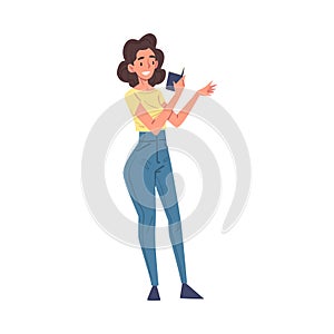 Smiling Girl Reading Book while Standing, Female Student Character Studying or Preparing for Exam, Book Lover Cartoon