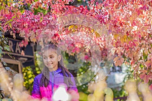 Smiling girl among red leaves