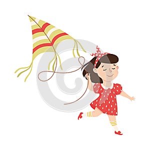 Smiling Girl Running with Flying Kite Playing and Having Fun Vector Illustration