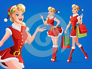 Smiling girl in Santa costume in different poses. Vector set.