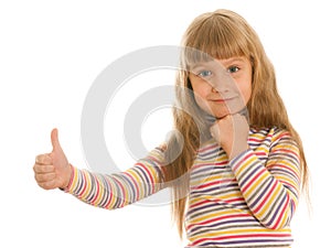 Smiling girl shows his thumb up