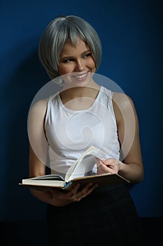 Smiling girl in silver wig leafing through the book. Close up. Blue background