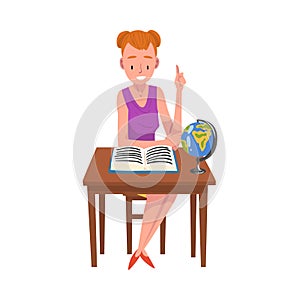 Smiling Girl Sitting at Desk and Reading Book, Teenager Studying at Home, Homeschooling Cartoon Vector Illustration on