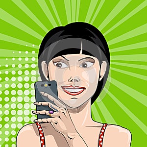 Smiling girl with smartphone in hand takes a selfie in comic style