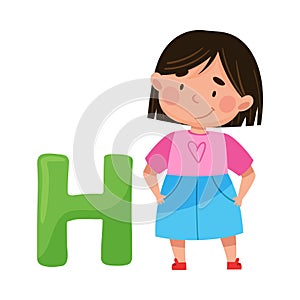 Smiling Girl Standing Near Big Alphabet H Letter Vector Illustration