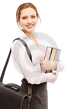 Smiling girl-student with textbooks and portfolio