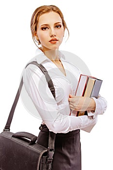 Smiling girl-student with textbooks and portfolio