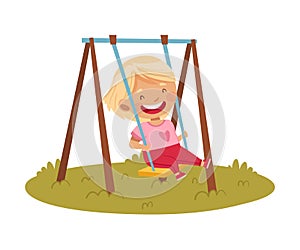 Smiling Girl Swinging at Playground Enjoying Hot Summer Season Vector Illustration