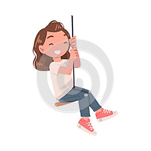 Smiling girl swinging on rope. Happy kid having fun outdoors cartoon vector illustration