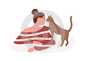 Smiling girl with tenderness playful cat vector flat illustration. Kindness, goodness, animal care concept. Happy woman