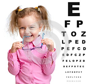 Smiling girl took off glasses with blurry eye