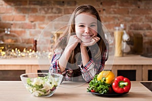 Smiling girl veggie salad meal wholesome nutrition