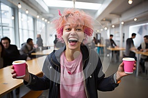Smiling girl with vibrant hair, holding two drinks, portraying joyful school spirit