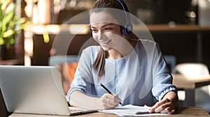 Smiling girl wear wireless headphone study online with skype teacher