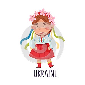 Smiling Girl Wearing National Costume of Ukraine Vector Illustration