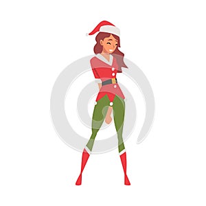 Smiling Girl Wearing Red and Green Christmas Costume and Hat Vector Illustration