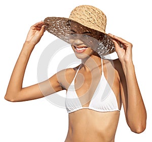 Smiling girl wearing a sun hat and bikini, African latin American woman isolated on white background. Banner or poster image for
