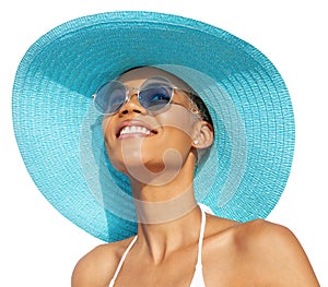 Smiling girl wearing a turquoise sun hat, blue sunglasses and bikini, African latin American woman isolated on white background.